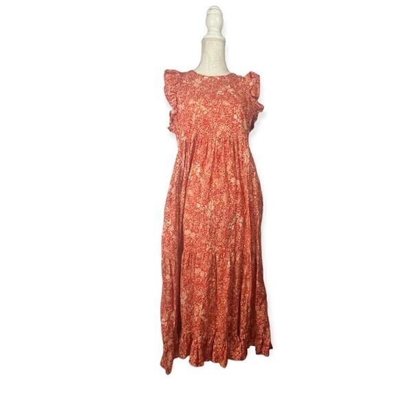 UNIVERSAL THREAD RUFFLE MAXI DRESS ORANGE RED FLORAL SLEEVELESS TIERED MEDIUM - Picture 1 of 10